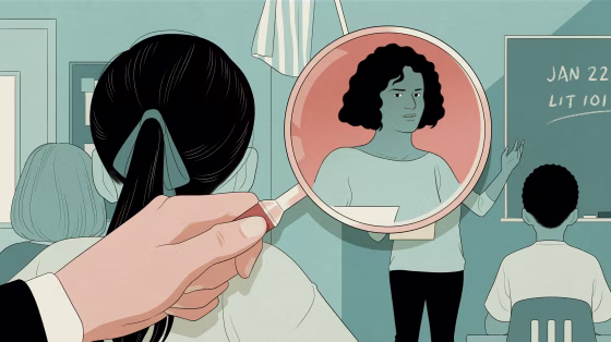 Illustration of a hand holding a magnifying glass over a teacher speaking to her classroom of students.