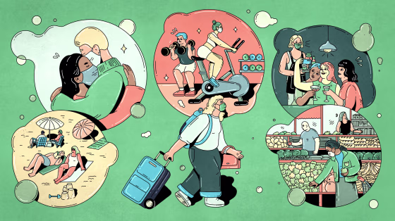 Illustration of a woman with a suitcase walking through bubbles that show scenes of people in masks hugging, maskless diners being served by a masked waiter, and masked and unmasked people grocery shopping.