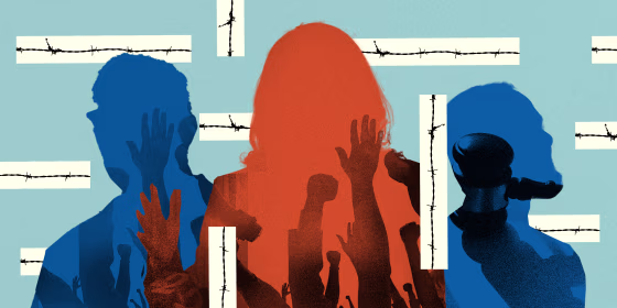 Photo illustration: Raised fists raised in protests and a gavel inside silhouettes of three people. Strips of barbed wire are interspersed between these figures.