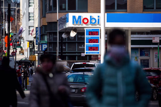Gas prices are displayed at a Mobil gas station in Brooklyn, N.Y., on Feb. 10, 2022.