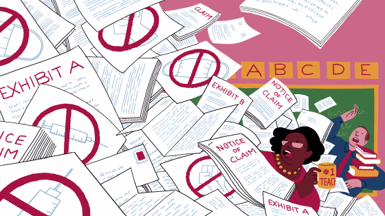Illustration of teachers and school officials in a classroom being buried by an avalanche of claims, evidence exhibits, and anti-vaccine and anti-CRT paperwork.
