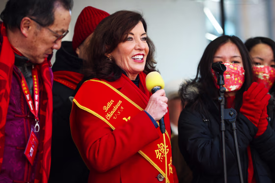 New York Gov. Kathy Hochul speaks at a Lunar New Year celebration in Chinatown, N.Y., on Feb. 20, 2022.