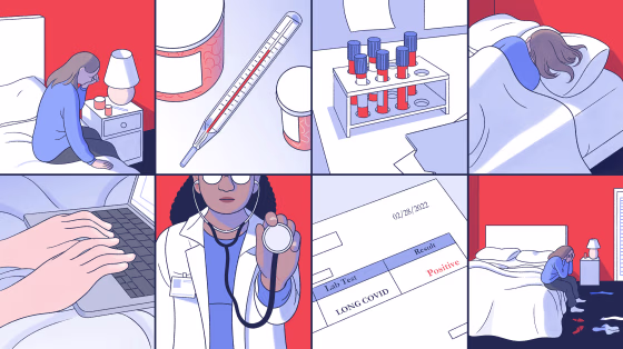 Panel illustration of different scenes of an ill person laying in bed, in the other panels a doctor sees a patient and a positive test result for "Long Covid" is shown on a piece of paper.