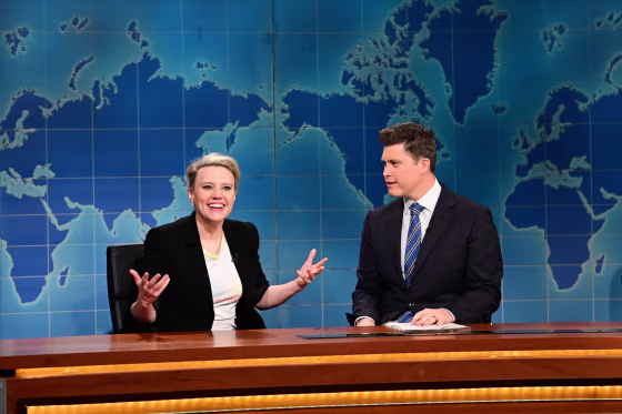 Saturday Night Live - Season Kate McKinnon and anchor Colin Jost during Weekend Update on March 5, 2022.