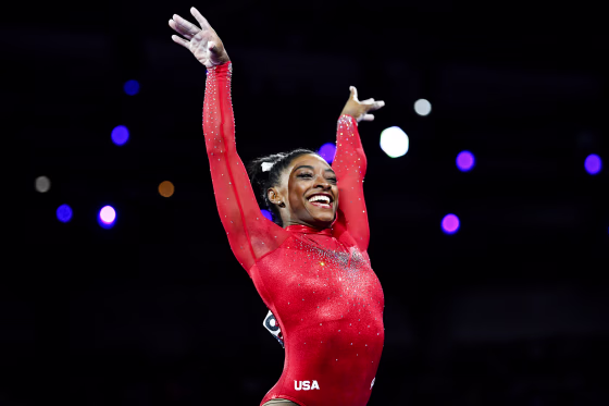 Simone Biles reacts after performing on the vault during the apparatus finals at the FIG Artistic Gymnastics World Championships in Stuttgart, Germany, on Oct. 12, 2019.