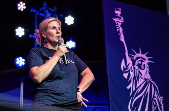 Robin Steenman, chair of the local chapter of Moms for Liberty, leads the group's chapter meeting at Generations Church in Franklin, Tenn., on Aug. 17, 2021.