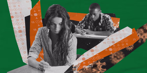 Photo illustration of students taking a test surrounded by Covid-19 virus spores and multiple choice papers.