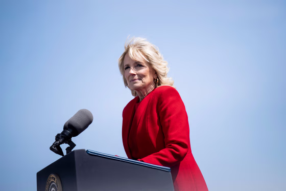 First lady Jill Biden speaks in Wilmington, Del., on April 2, 2022.