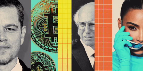 Photo illustration of Matt Damon, bitcoin tokens, Larry David and Kim Kardashian