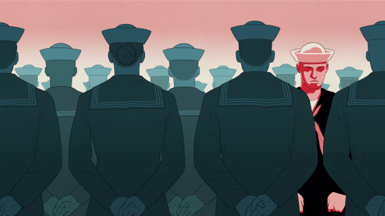 Illustration of Navy sailor standing at attention, with one sailor turns his back cast in shadow.