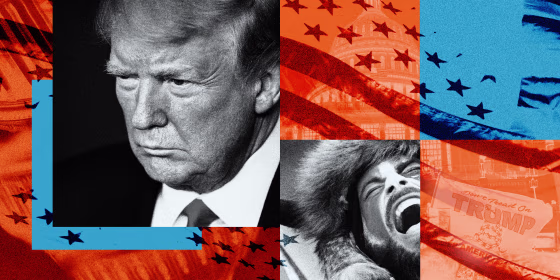 Photo illustration of former President Donald Trump, the scene at the Capitol on Jan. 6, an American flag patter and a rioter yelling.