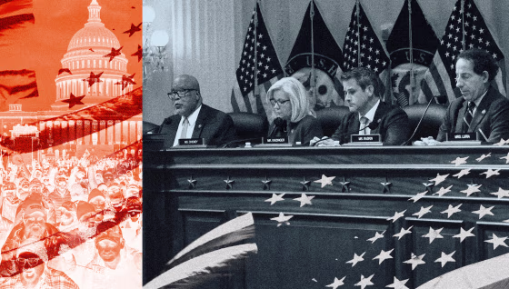 Photo illustration of the January 6th hearing committee and a scene outside of the Capitol riot on Jan. 6, 2021.