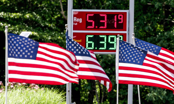 Gasoline prices reach well over $5.00 a gallon at a Sunoco station on June 13, 2022, in Scituate, Mass.