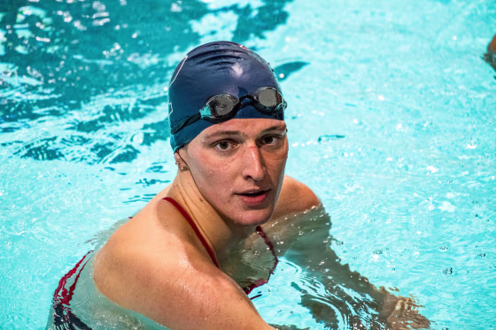 Lia Thomas finishes the 200 yard Freestyle for the University of Pennsylvania at an Ivy League swim meet against Harvard University in Cambridge, Mass., on Jan. 22, 2022.
