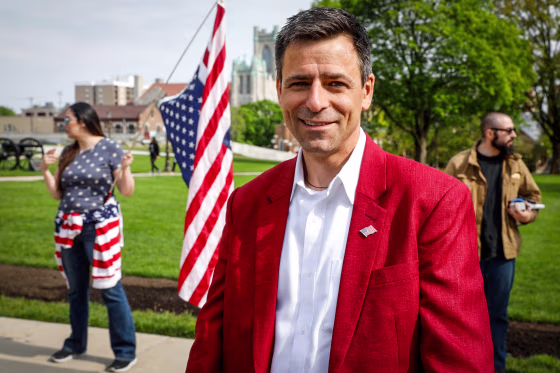Image: Ryan Kelley, Republican candidate for Governor, attends a Freedom Rally in support of First Amendment rights and to protest against Governor Gretchen Whitmer, outside the Michigan State Capitol in Lansing, Mich., on May 15, 2021.