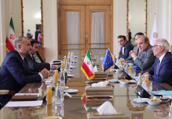 Iran's Foreign Minister Hossein Amir-Abdollahian, left, meets with the High Representative of the European Union for Foreign Affairs and Security Policy Joseph Borrell