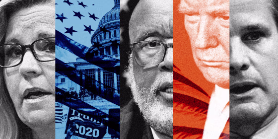 Photo illustration: Images of Liz Cheney, of rioters outside the Capitol building, Bennie Thompson, Donald Trump and Adam Kinzinger.