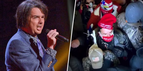 Kevin Downey Jr. performs on "America's Got Talent" in 2013 and Downey at the Capitol on Jan. 6, 2021.