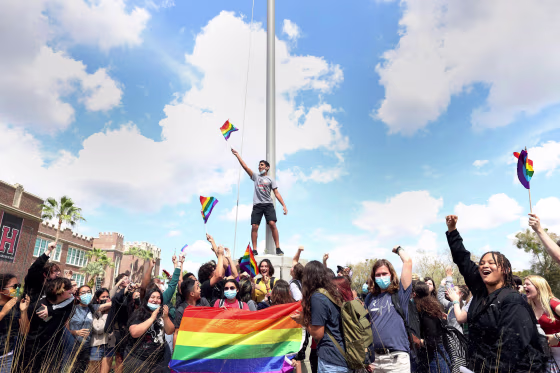 Students stage a walk-out to protest the so-called "Don't Say Gay" legislation on March 3, 2022 at Hillsborough High School in Tampa, Fla.