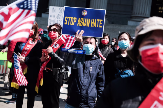 People protest to demand an end to anti-Asian violence on April 4, 2021, in New York.