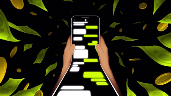 Illustration of a stretched phone showing a long text chain as dollar bills and coins fade into the background.