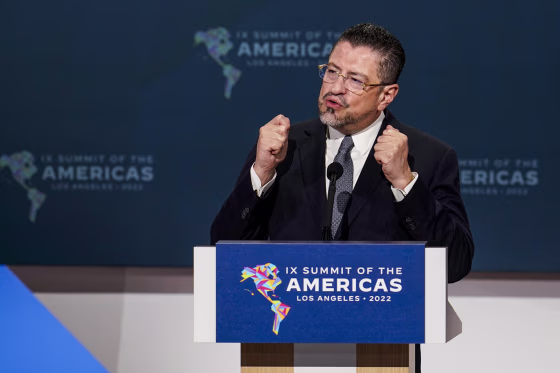 Image: Costa Rican President Rodrigo Chaves Robles speaks at the Summit of the Americas on June 10, 2022, in Los Angeles.