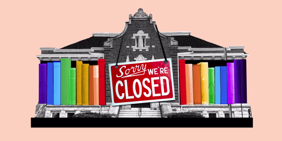 Photo illustration: A sign that reads,"Sorry we're closed" over a public library facade holding books with rainbow colored spines.