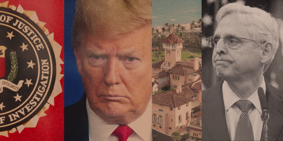 Photo illustration of the FBI crest, former President Donald Trump, Mar-a-Lago resort, and Attorney General Merrick Garland.