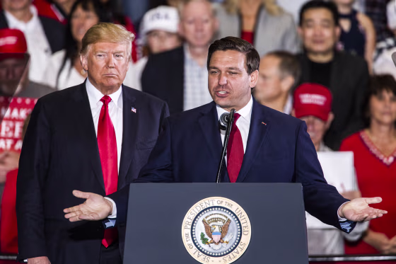 Republican gubernatorial candidate Ron DeSantis speaks alongside President Donald Trump at a campaign rally at the Pensacola International Airport on Nov. 3, 2018, in Pensacola, Fla.