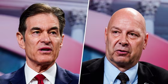 Pennsylvania Republican candidates Dr. Mehmet Oz for Senate, left, and Doug Mastriano for governor.