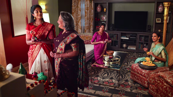 Maitreyi Ramakrishnan as Devi, Ranjita Chakravarty as Nirmala, Richa Moorjani as Kamala, and Poorna Jagannathan as Nalini Vishwakumar in "Never Have I Ever" season 3.