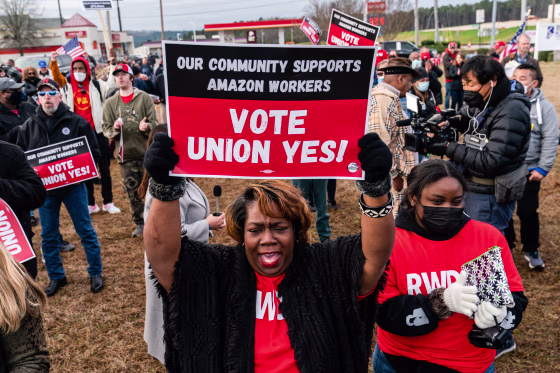 Demonstrators rally in support of a union for Amazon workers in Bessemer, Ala., on Feb. 26, 2022.