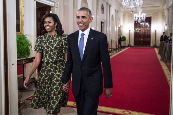First lady Michelle Obama, and President Barack Obama arrive for the Presidential Medal of Freedom ceremony in the East Room of the White House, on Nov. 24, 2015.