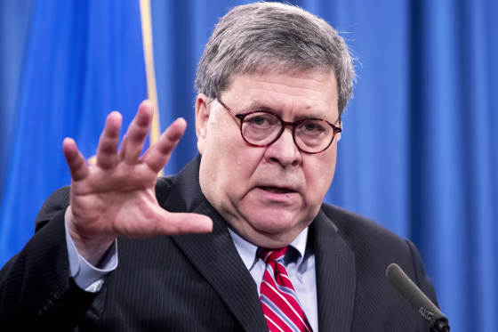 Then-Attorney General William Barr speaks during a news conference at the Justice Department in Washington, D.C. on Dec. 21, 2020.