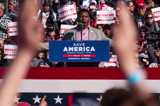Herschel Walker, Republican senate candidate for Georgia, at a campaign event headlined by former President Donald Trump in Commerce, Georgia on March 26, 2022.