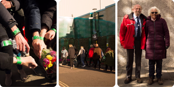 Images of colored wristbands worn by mourners waiting in line; a line of people in London; and a couple waiting in line posing for the camera.
