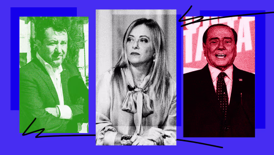 Italy election walkup illustration. Matteo Salvini, Georgia Meloni and Silvio Berlusconi.