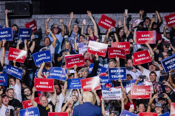 Former President Donald Trump looks to the audience before speaking during a rally in Wilkes-Barre, Pa, on Sept. 3, 2022.