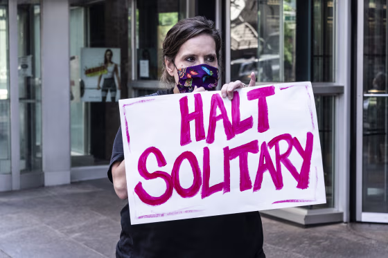 A protester calls for an end to solitary confinement in prisons on June 25, 2020, in New York.