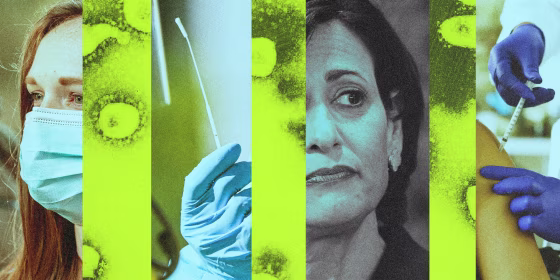 Photo illustration of Covid-19 spores, a woman wearing a mask, a gloved hand holding a Covid-19 test swab, CDC Director Rochelle Walensky, and a healthcare worker administering a vaccine.