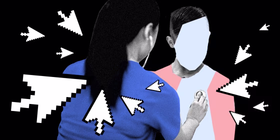 Photo illustration: A doctor checking a person with a stethoscope surrounded by cursors.