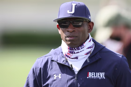 Jackson State coach Deion Sanders before game vs Alabama A&M at Mississippi Veterans Memorial Stadium in Jackson