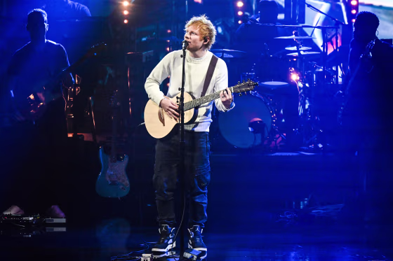 Ed Sheeran performing on "The Late Show" on Oct. 13, 2022.