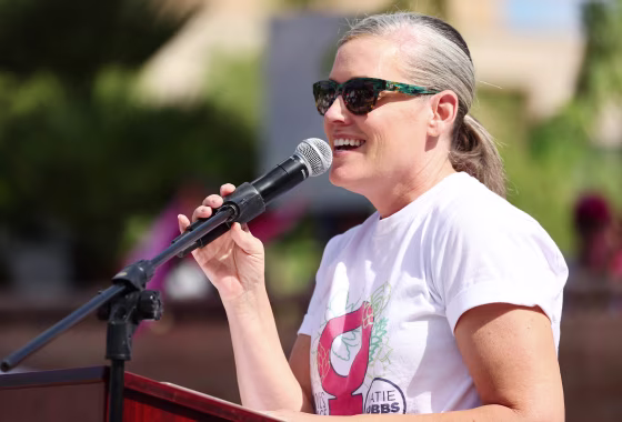 PHOENIX, ARIZONA - OCTOBER 08: Arizona Secretary of State and Democratic gubernatorial candidate Katie Hobbs speaks at a Women's March rally in support of midterm election candidates who support abortion rights outside the State Capitol on October 8, 2022 in Phoenix, Arizona. Hobbs faces Trump-endorsed Arizona Republican nominee for governor Kari Lake in the midterm elections on November 8. (Photo by Mario Tama/Getty Images)