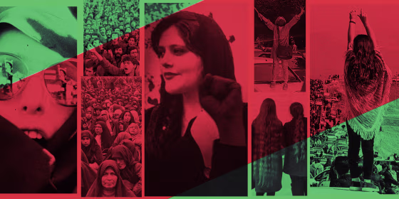 An illustration with photos from the 1979 revolution, left, a photo of Mahsa Amini, center, and protests in Iran in 2022.