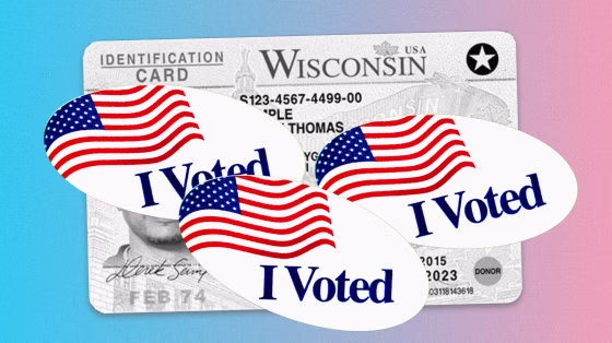 Photo illustration of Wisconsin ID Card with I Voted Stickers stuck to it, the background of the illustration are the colors of the trans flag.