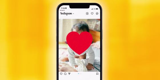 Photo Illustration: A heart obscures a baby's face in an Instagram post