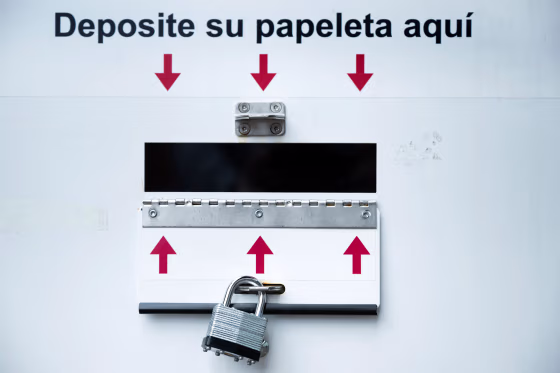A ballot drop box with a sign that reads "Deposite su papeleta aqui" outside a polling place during early voting for the midterm elections on Oct. 28, 2022 in Silver Spring, Md.