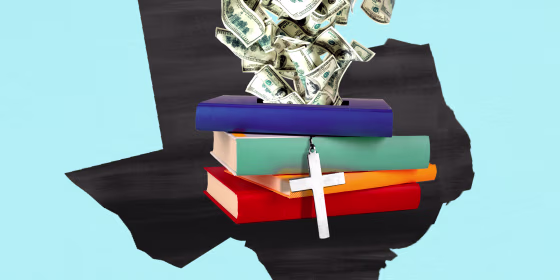 Photo illustration: Money pouring into a pile of books that have a cross hanging between them against the state map of Texas.