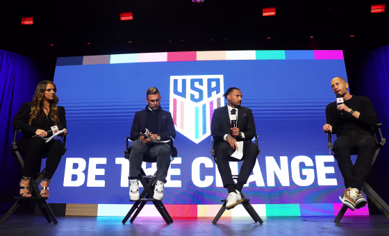 Gregg Berhalter, right, speaks to the media during the United States Men's National Team Roster Reveal Party For FIFA World Cup Qatar 2022 in Brooklyn, N.Y., on Nov. 9, 2022. 